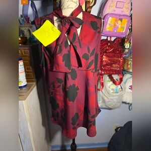 Anne Klein Red And Black Floral Blouse Size Xlarge Neck Tie